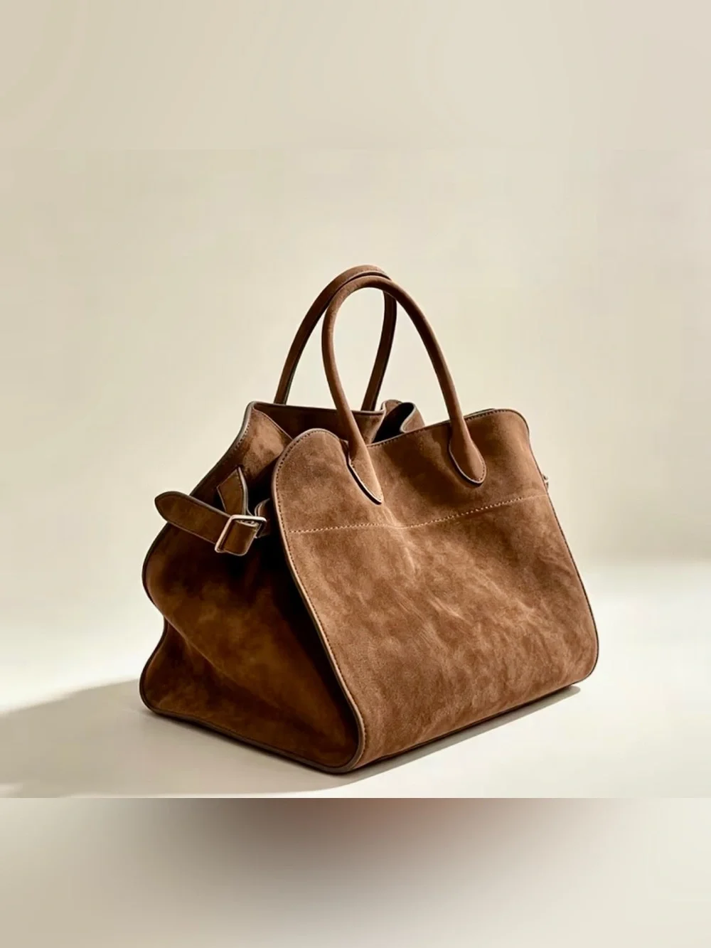 Woman’s Brown Faux-Suede Satchel Top-Handle Bag w/Buckle Accent & Magnet Closure